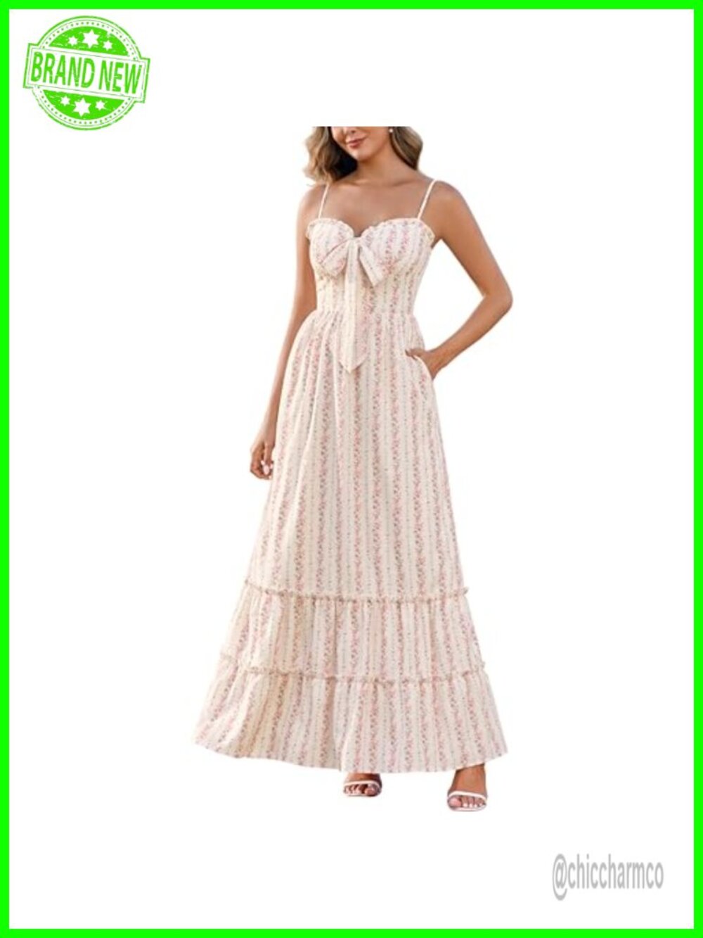 Parthea Womens Floral Print Smocked Maxi Dress Front Tie Spaghetti Strap